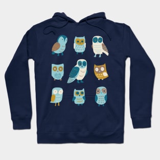 9 Owls - graphic owls in teal, aqua and mustard by Cecca Designs Hoodie